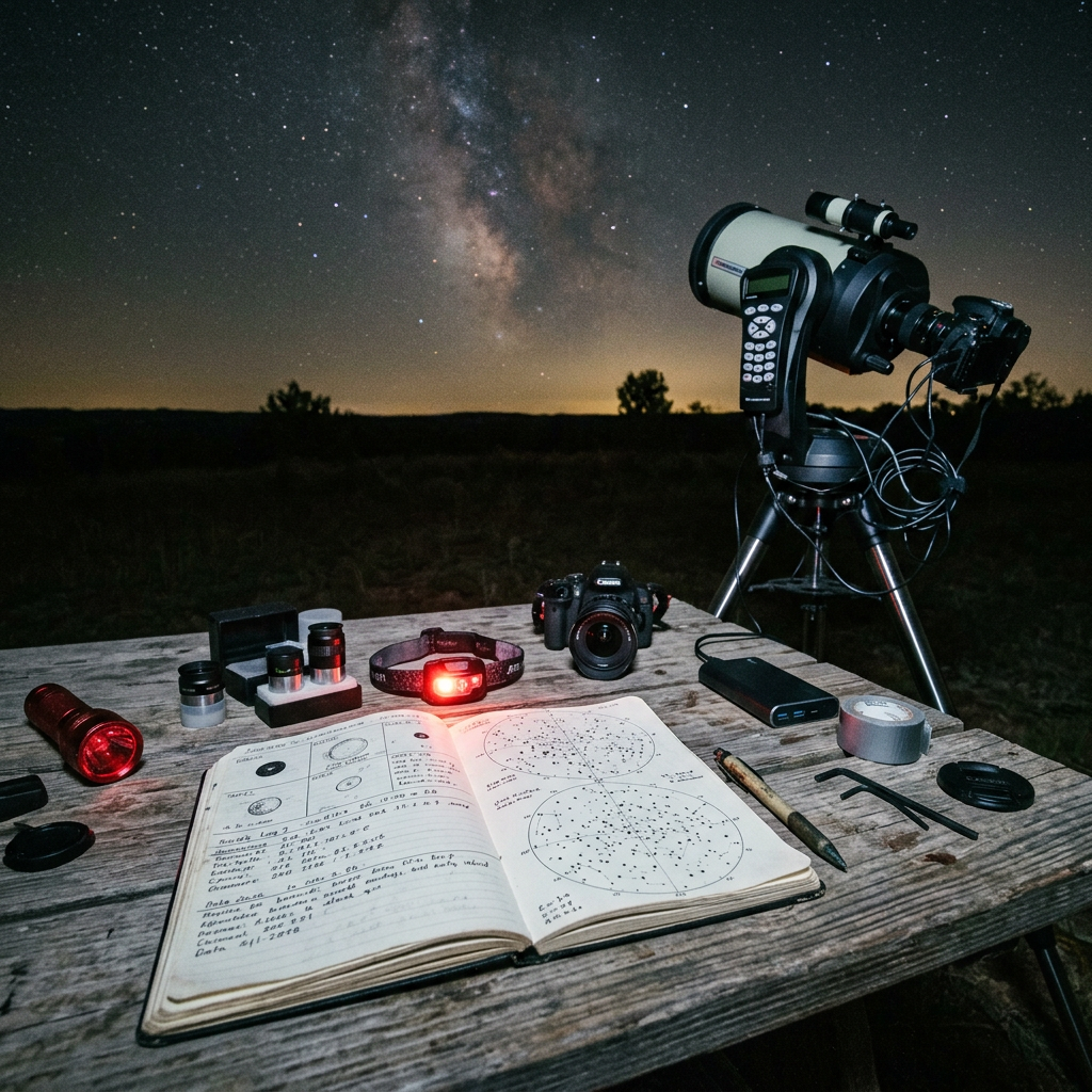 Telescope, cameras, and open star chart beneath the Milky Way